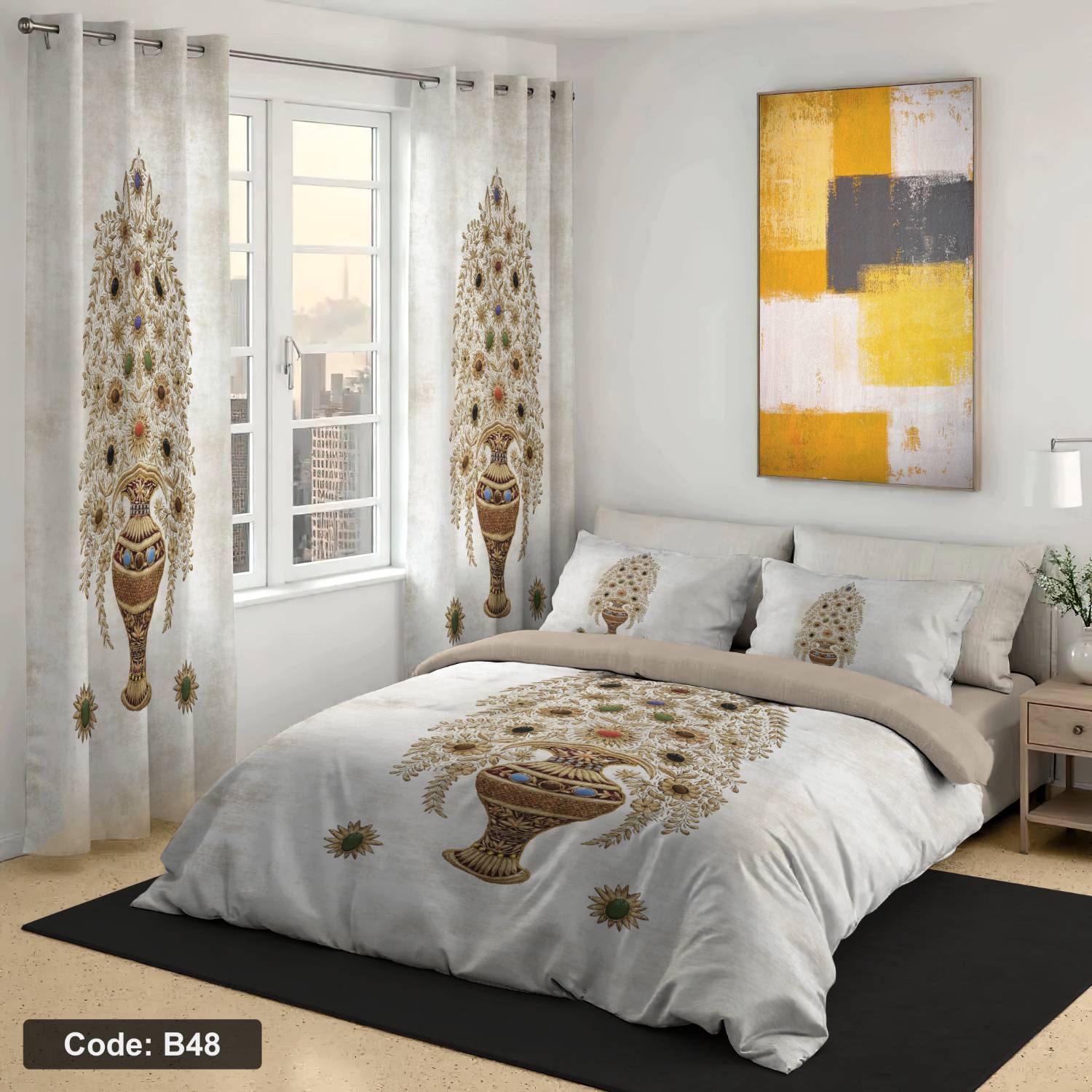 روتختی دونفره چاپی سفید طرح گلدان کد b48