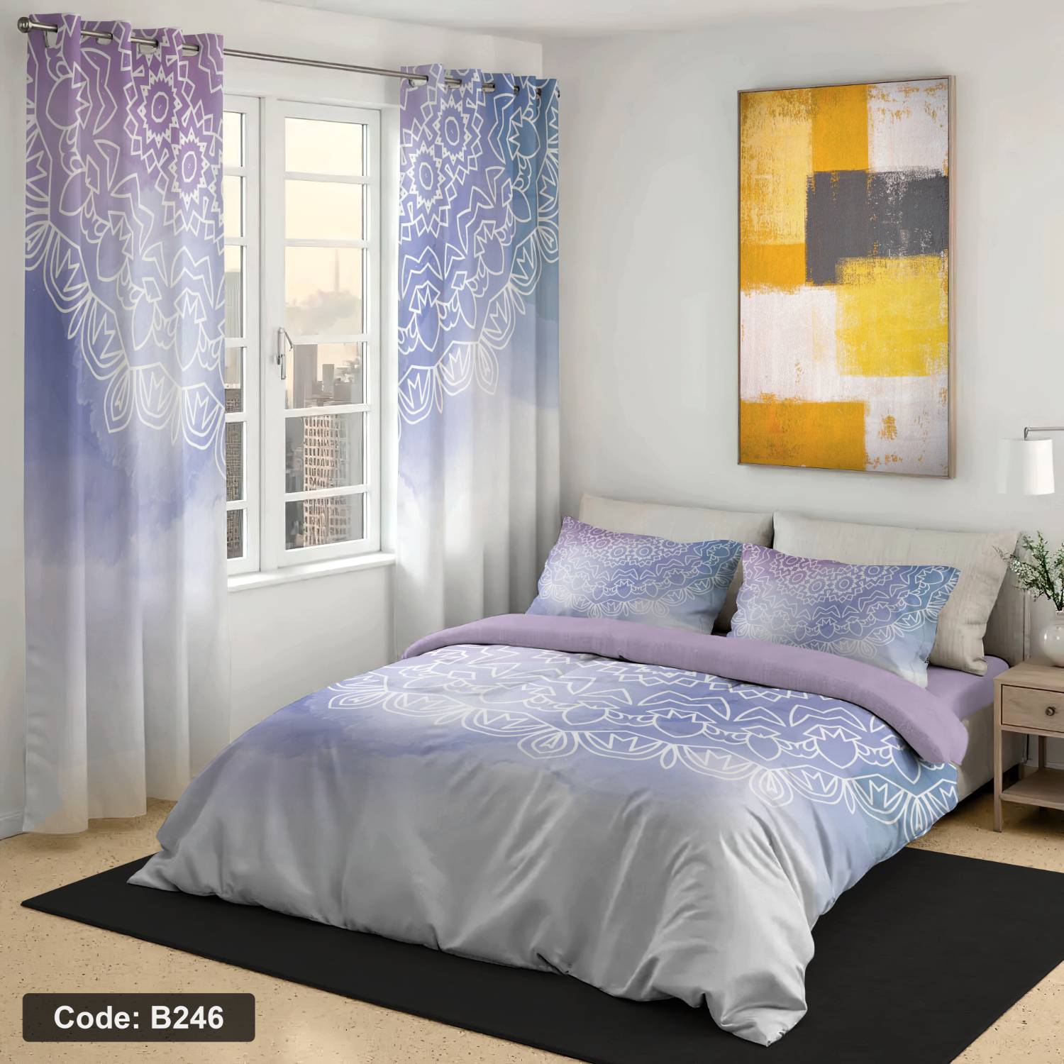 روتختی دونفره چاپی رنگ یاسی و سفید کد b236
